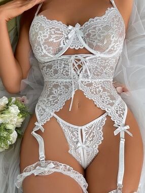 White 3 Piece G-string Bow Bodysuit Set